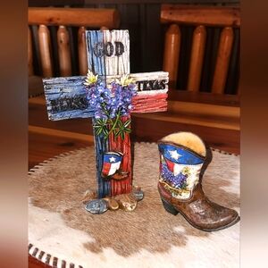 Rustic Texas Cross With Matching Texas Boot Decor. God Bless Texas. 5 1/2" X 8"